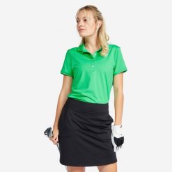 Koszulka polo do golfa damska z krótkim rękawem Inesis WW500. Zielone koszulki polo INESIS, m, bez wzorów, z dżerseju, bez kołnierzyka, bez ramiączek. W wyprzedaży za 49.99 zł.