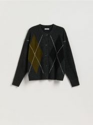 Kardigan w romby - szary. Szare kardigany Reserved, l, bez wzorów, z dzianiny. Za 139.99 zł.
