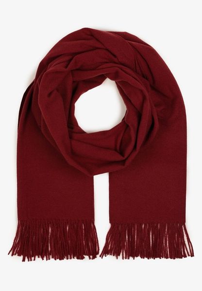 Bordowy Długi Szalik Wiskozowy z Wełną Ozdobiony Frędzlami Portina. Czerwone szaliki Renee, na zimę, bez wzorów, z wełny, klasyczne. Za 44.99 zł.