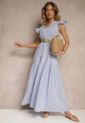 Niebieska Rozkloszowana Sukienka z Bawełny w Stylu Boho z Paskiem z Klamrą Iffarisa. Niebieskie sukienki Renee, na co dzień, na lato, l, bez wzorów, z bawełny, boho, bez kołnierzyka, bez ramiączek, maxi, rozkloszowane. Za 99.99 zł.