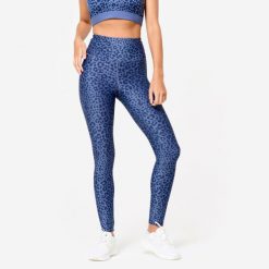 Legginsy fitness damskie Domyos. Niebieskie legginsy DOMYOS, l, bez wzorów, z elastanu, z podwyższonym stanem. W wyprzedaży za 49.99 zł.