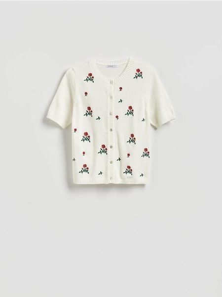 Kardigan z krótkim rękawem - złamana biel. Kardigany Reserved, l, bez wzorów, z dzianiny. Za 129.99 zł.