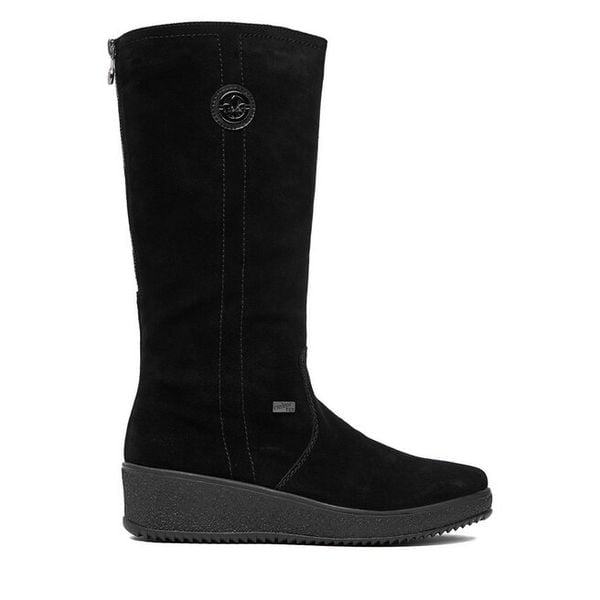 Kozaki Rieker. Czarne kozaki Rieker, bez obcasa, na koturnie, bez zapięcia. Za 459.99 zł.