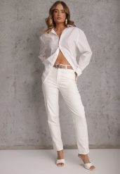 Białe Jeansy z Bawełną i Wiskozą High Waist Ozdobione Paskiem i Motylem Neviasi. Białe jeansy Renee, l, bez wzorów, z podwyższonym stanem. Za 109.99 zł.