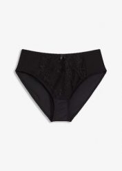 Figi z wysokim stanem zdobione haftem. Czarne figi bonprix, z aplikacjami. Za 44.99 zł.