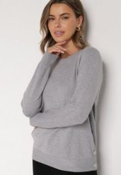 Szary Sweter z Guzikami z Boku Tusiana. Szare swetry Born2be, bez wzorów, z jeansu, bez ramiączek. Za 79.99 zł.