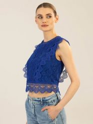 APART Top w kolorze niebieskim rozmiar: 44. Niebieskie topy Apart, bez wzorów, z koronki, bez kołnierzyka, bez ramiączek. Za 143.99 zł.