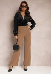 Brązowe Szerokie Spodnie Materiałowe High Waist Dinnes. Brązowe spodnie materiałowe Renee, m, bez wzorów, z jeansu, z podwyższonym stanem. W wyprzedaży za 95.99 zł.