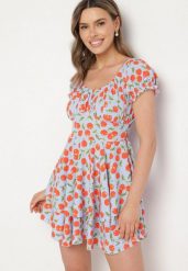 Niebieska Rozkloszowana Sukienka z Bawełną z Motywem Wiśni Lunadessa. Niebieskie sukienki Born2be, na co dzień, na lato, l, bez wzorów, z bawełny, eleganckie, bez kołnierzyka, bez ramiączek, mini, proste. Za 49.99 zł.