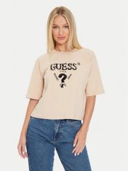 Guess T-Shirt Aurelie V4YI06 I3Z14 Beżowy Boxy Fit. Brązowe t-shirty Guess, s, z aplikacjami, z bawełny, bez kołnierzyka, bez ramiączek. Za 199.99 zł.