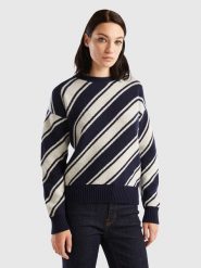 Benetton Wełniany sweter w kolorze granatowo-białym rozmiar: XL. Białe swetry Benetton, xl, bez wzorów, z wełny, bez ramiączek. Za 172.49 zł.