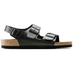 Birkenstock Milano Natural Leather Sandały damskie. Czarne sandały Birkenstock, bez wzorów, ze skóry, biznesowe, bez obcasa, bez zapięcia. Za 369.99 zł.