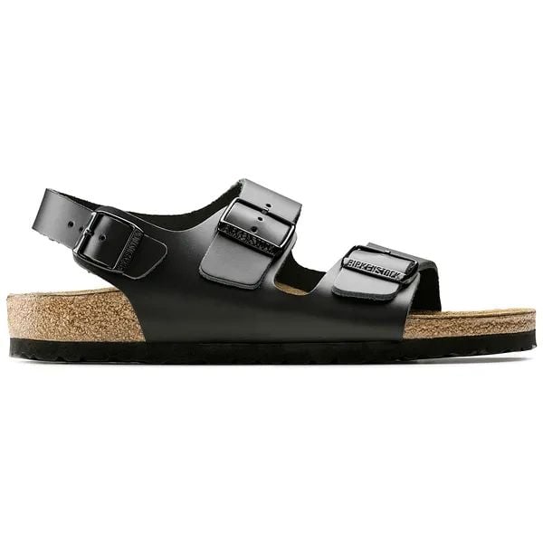 Birkenstock Milano Natural Leather Sandały damskie. Czarne sandały Birkenstock, bez wzorów, ze skóry, biznesowe, bez obcasa, bez zapięcia. Za 329.99 zł.