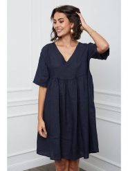 Fleur de Lin Lniana sukienka "Etsy" w kolorze granatowym rozmiar: XXL. Niebieskie sukienki Fleur de Lin, xxl, bez wzorów, ze lnu, bez kołnierzyka, bez ramiączek, mini. Za 175.67 zł.