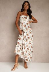 Beżowa Rozkloszowana Sukienka z Wiskozą w Kwiatowy Wzór Nalivie. Brązowe sukienki Renee, na imprezę, na lato, l, bez wzorów, z wiskozy, eleganckie, bez kołnierzyka, bez ramiączek, maxi, rozkloszowane. Za 69.99 zł.