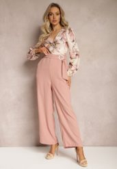 Różowy Kwiatowy Kombinezon z Kopertowym Dekoltem z Paskiem i Szerokimi Nogawkami Vinia. Czerwone sukienki Renee, na co dzień, l, bez wzorów, eleganckie, bez kołnierzyka, bez ramiączek, kopertowe. Za 129.99 zł.
