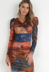 Pomarańczowa Sukienka Tie-Dye z Bufiastym Rękawem Haki. Brązowe sukienki Born2be, na co dzień, m, bez wzorów, eleganckie, bez kołnierzyka, bez ramiączek, mini, dopasowane. Za 109.99 zł.