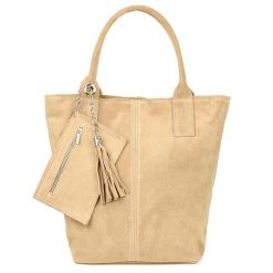 Shopperka skórzana VERA PELLE beżowa T49. Brązowe shopper bez wzorów, ze skóry, zamszowe, bez dodatków. Za 208.99 zł.