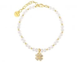 Bransoletka z mosiądzu pozłacana z perłami i cyrkoniami - koniczyna. Bransoletki Artelioni, z cyrkonią, pozłacane. Za 219.00 zł.