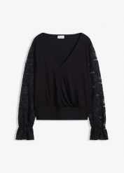Bluzka z długim, koronkowym rękawem. Czarne bluzki bonprix, bez wzorów, z koronki, eleganckie, bez kołnierzyka, bez ramiączek. Za 132.99 zł.
