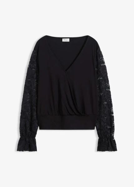 Bluzka z długim, koronkowym rękawem. Czarne bluzki bonprix, bez wzorów, z koronki, eleganckie, bez kołnierzyka, bez ramiączek. Za 129.99 zł.