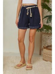 Lin Passion Lniane szorty w kolorze granatowym rozmiar: 36/38. Niebieskie szorty Lin Passion, bez wzorów, ze lnu, klasyczne, z podwyższonym stanem. Za 113.99 zł.