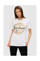 VERSACE Biały t-shirt damski ze złotą meduzą. Białe t-shirty VERSACE, s, bez wzorów, z bawełny, bez kołnierzyka, bez ramiączek. W wyprzedaży za 659.99 zł.