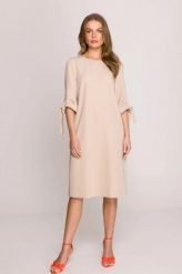Klasyczna elegancka sukienka trapezowa beżowa. Brązowe sukienki Stylove, do pracy, l, bez wzorów, z materiału, biznesowe, bez kołnierzyka, bez ramiączek, midi, proste. Za 299.00 zł.