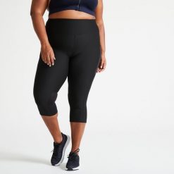 Legginsy fitness damskie Domyos 7/8. Czarne legginsy DOMYOS, l, bez wzorów, z elastanu, z podwyższonym stanem, krótkie. Za 89.99 zł.