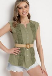 Ciemnozielona Bawełniana Koszula z Ozdobnym Haftem i Paskiem Zapinana na Guziki Kanesara. Zielone koszule Born2be, l, bez wzorów, z bawełny, eleganckie, bez kołnierzyka, bez ramiączek. Za 109.99 zł.