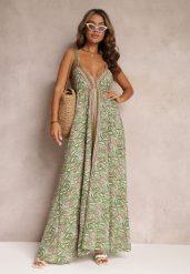 Jasnozielona Rozkloszowana Sukienka Maxi Wiązana na Szyi z Wiskozy z Printem Paisley Olympie. Zielone sukienki Renee, na lato, m, bez wzorów, z wiskozy, boho, bez kołnierzyka, bez ramiączek, maxi, rozkloszowane. Za 84.99 zł.