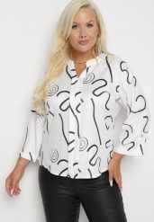Biała Bluzka w Stylu Koszuli z Bawełną z Regulowanymi Rękawami i Geometrycznym Wzorem Merindelle. Białe bluzki Born2be, l, bez wzorów, z bawełny, bez kołnierzyka, bez ramiączek. W wyprzedaży za 67.99 zł.