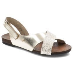 Sandały damskie Armodo, cholewka ze skóry naturalnej z kontrastowym plecionym paskiem o wzorzystym wykończeniu, złote, 40141. Żółte sandały Armodo, bez wzorów, ze skóry, bez obcasa, bez zapięcia. Za 299.00 zł.