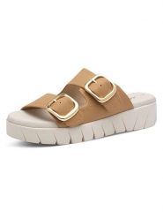 S.Oliver Klapki w kolorze jasnobrązowym rozmiar: 38. Brązowe klapki S.Oliver, bez wzorów, z otwartym noskiem, bez obcasa, na platformie. Za 121.99 zł.