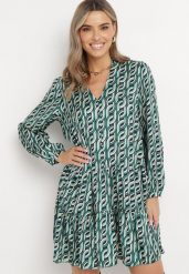 Zielona Rozkloszowana Sukienka Mini z Falbanką Naike. Zielone sukienki Born2be, l, z aplikacjami, z tkaniny, bez kołnierzyka, bez ramiączek, mini, rozkloszowane. Za 119.99 zł.