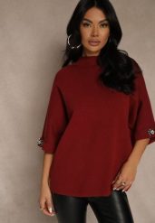 Bordowy Sweter z Cyrkoniami przy Rękawach Corentusa. Czerwone swetry Renee, m, z aplikacjami, z jeansu, bez ramiączek. Za 89.99 zł.