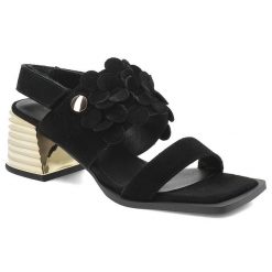 Sandały damskie S.Barski, ze skóry naturalnej zamszowej na stabilnym obcasie z metalicznym wstawką i efektowną aplikacją kwiatową podkreślają eleganc. Czarne sandały S.BARSKI, z aplikacjami, ze skóry, eleganckie, bez obcasa, na obcasie, bez zapięcia. Za 287.90 zł.