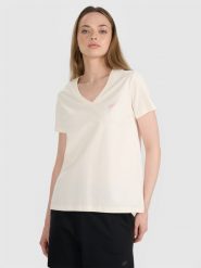 4F T-shirt oversize gładki damski - biały XS. Białe t-shirty 4f, xl, bez wzorów, z bawełny, bez kołnierzyka, bez ramiączek. W wyprzedaży za 39.99 zł.