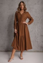 Brązowa Rozkloszowana Sukienka Koszulowa z Bawełny i Wiskozy Zdobiona Klapami Gleta. Brązowe sukienki Renee, na co dzień, l, z aplikacjami, z bawełny, eleganckie, bez kołnierzyka, bez ramiączek, maxi, koszulowe. Za 159.99 zł.