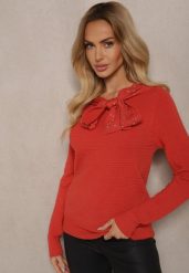 Pomarańczowy Sweter z Prążkowanej Dzianiny z Wiskozą Ozdobiony Cyrkoniami i Wiązaniem Tintorinae. Brązowe swetry Renee, m, bez wzorów, z dzianiny, bez ramiączek. Za 69.99 zł.