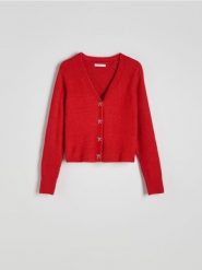 Kardigan z ozdobnymi guzikami - czerwony. Czerwone kardigany Reserved, l, bez wzorów, z dzianiny. W wyprzedaży za 99.99 zł.