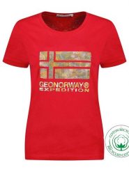 Geographical Norway Koszulka "Jwild" w kolorze czerwonym rozmiar: XL. Czerwone bluzki Geographical Norway, xl, bez wzorów, z bawełny, bez kołnierzyka, bez ramiączek. Za 37.38 zł.