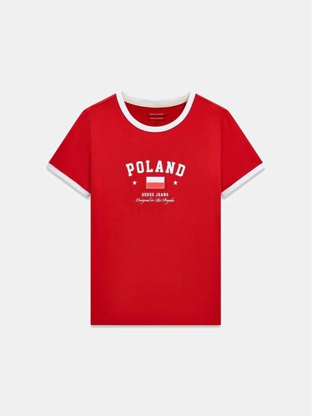 Guess Jeans T-Shirt W6YI16 K3995 Czerwony Slim Fit. Czerwone t-shirty Guess Jeans, xl, z aplikacjami, z bawełny, bez kołnierzyka, bez ramiączek. Za 129.99 zł.