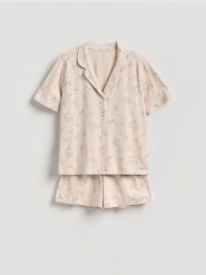 Dwuczęściowa piżama z bawełny - beżowy. Brązowe piżamy Reserved, bez wzorów, z bawełny, bez ramiączek. Za 69.99 zł.