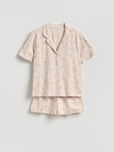 Dwuczęściowa piżama z bawełny - beżowy. Brązowe piżamy Reserved, bez wzorów, z bawełny, bez ramiączek. Za 69.99 zł.