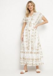 Biała Bawełniana Sukienka w Boho Print Rozkloszowana z Metalicznymi Haftami i Frędzlami Divilea. Białe sukienki Born2be, na co dzień, l, bez wzorów, z bawełny, boho, bez kołnierzyka, bez ramiączek, maxi, rozkloszowane. Za 189.99 zł.
