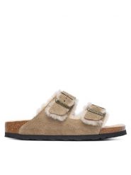 Birkenstock Klapki Arizona Shearling 1028293 Beżowy. Brązowe klapki Birkenstock, bez wzorów, ze skóry, bez obcasa. Za 749.99 zł.