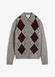 Sweter rozpinany z kołnierzykiem polo. Szare kardigany bonprix, bez wzorów. Za 149.99 zł.