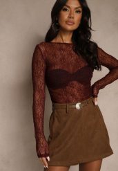 Brązowe Spódnico-Szorty High Waist z Ozdobnym Paskiem Korelea. Brązowe szorty Renee, bez wzorów, klasyczne, z podwyższonym stanem. Za 109.99 zł.