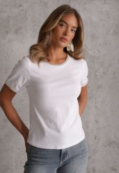 Biały Gładki T-shirt Bawełniany z Ozdobnymi Lamówkami z Warkoczowego Splotu Thalia. Białe t-shirty Renee, m, bez wzorów, z bawełny, bez kołnierzyka, bez ramiączek. Za 49.99 zł.